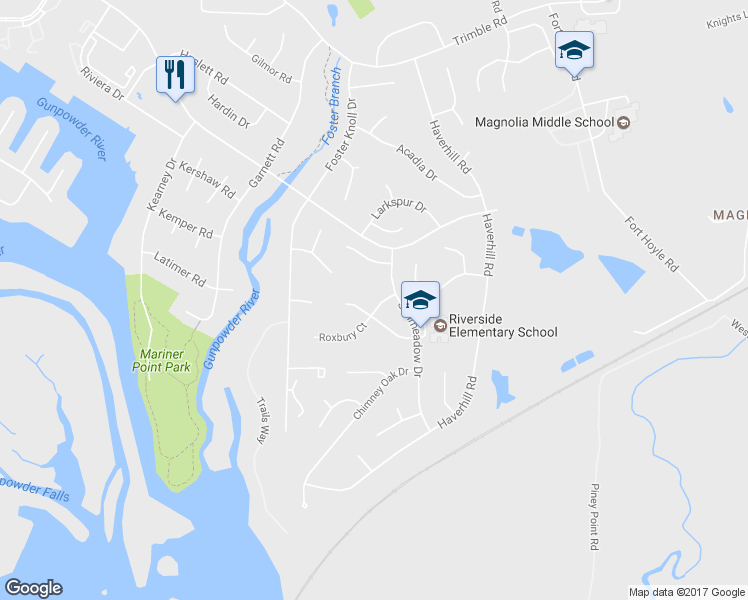 map of restaurants, bars, coffee shops, grocery stores, and more near 322 Roxbury Court in Harford County