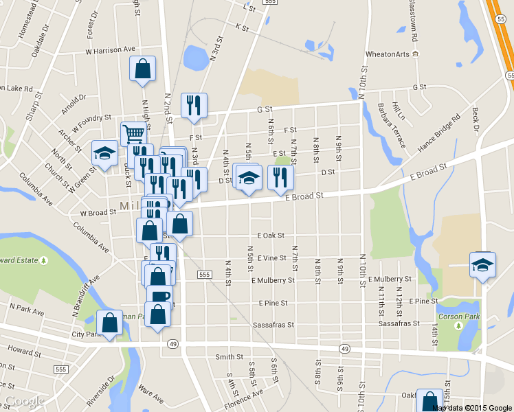 map of restaurants, bars, coffee shops, grocery stores, and more near 507 East Broad Street in Millville