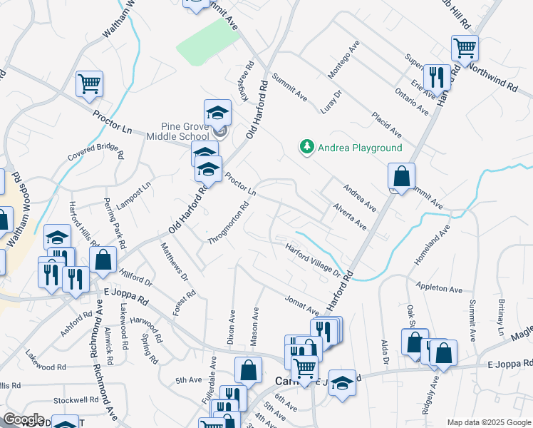 map of restaurants, bars, coffee shops, grocery stores, and more near 2 Somerville Court in Parkville