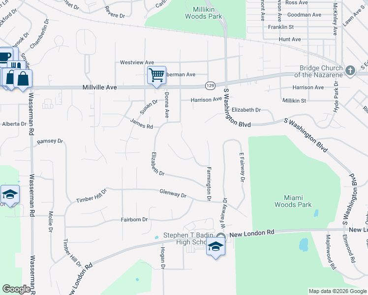 map of restaurants, bars, coffee shops, grocery stores, and more near 233 S Gersam Ave in Hamilton