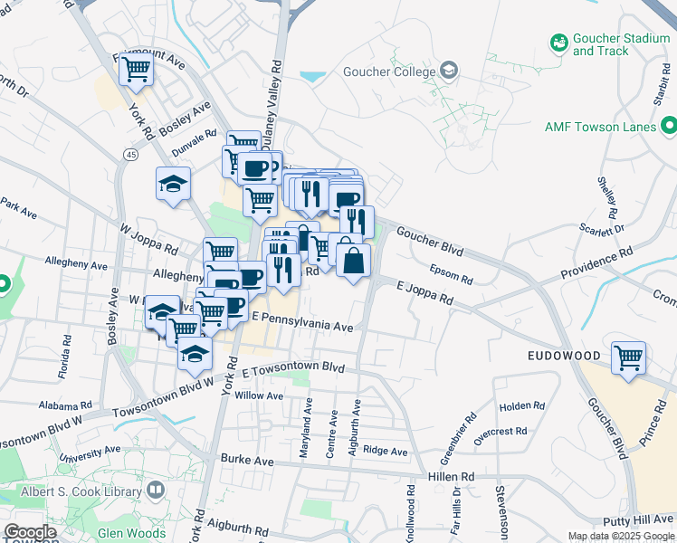map of restaurants, bars, coffee shops, grocery stores, and more near 305 East Joppa Road in Towson