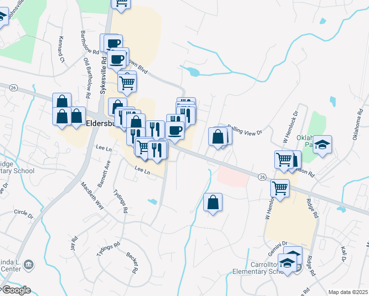 map of restaurants, bars, coffee shops, grocery stores, and more near in Eldersburg