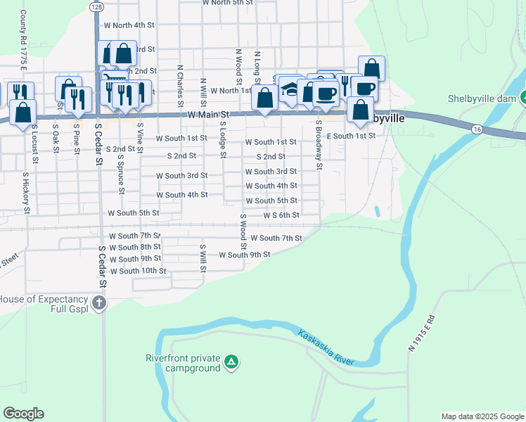 map of restaurants, bars, coffee shops, grocery stores, and more near 610 South Long Street in Shelbyville