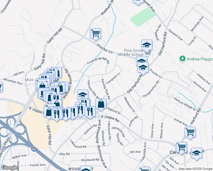 map of restaurants, bars, coffee shops, grocery stores, and more near 2401 Lampost Lane in Parkville