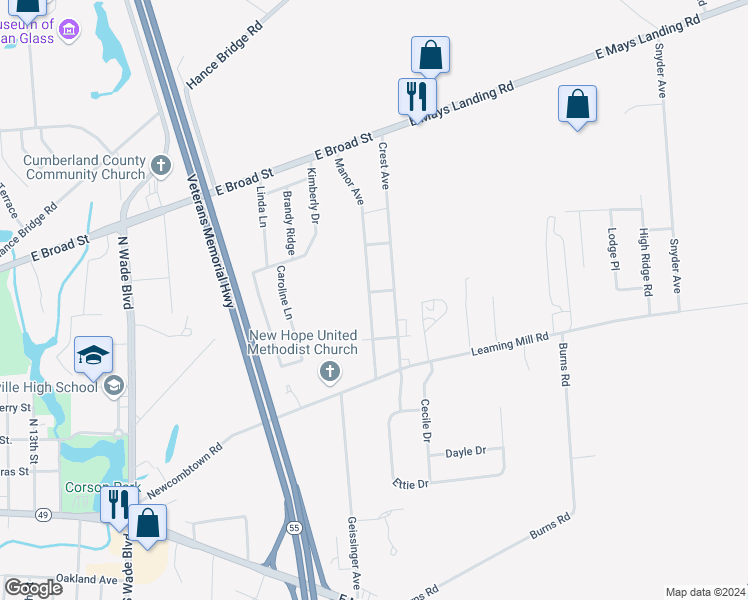 map of restaurants, bars, coffee shops, grocery stores, and more near 427 Manor Avenue in Millville