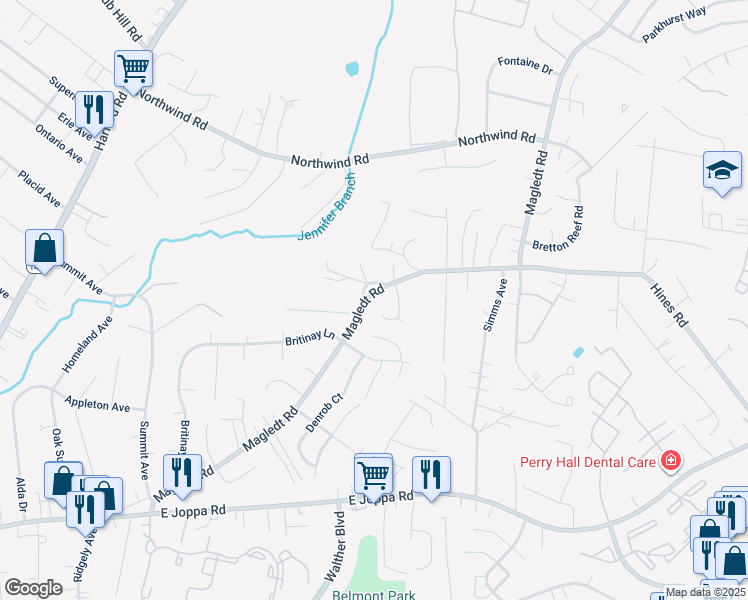 map of restaurants, bars, coffee shops, grocery stores, and more near 9807 Magledt Road in Parkville