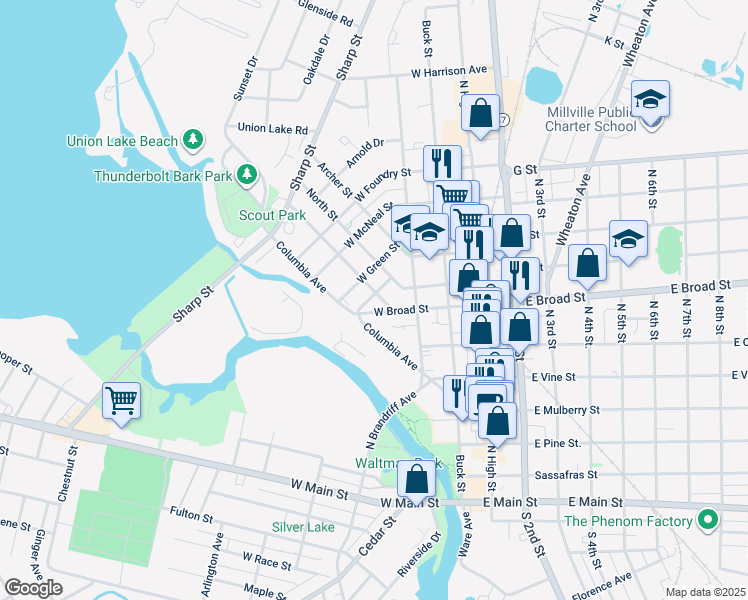 map of restaurants, bars, coffee shops, grocery stores, and more near 620 Church Street in Millville