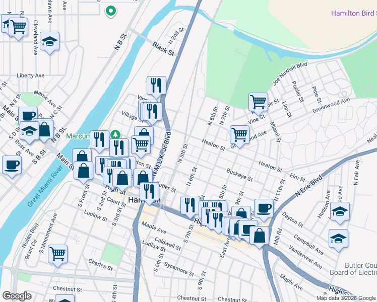 map of restaurants, bars, coffee shops, grocery stores, and more near 326 North 5th Street in Hamilton