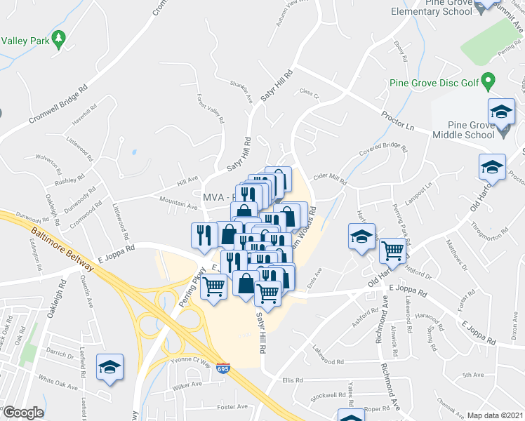 map of restaurants, bars, coffee shops, grocery stores, and more near 8904 Waltham Woods Road in Parkville