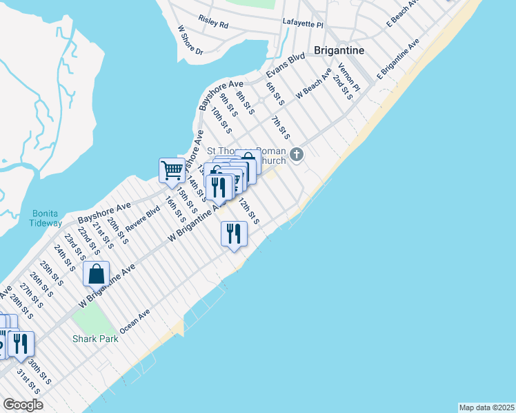 map of restaurants, bars, coffee shops, grocery stores, and more near 332 11th Street South in Brigantine