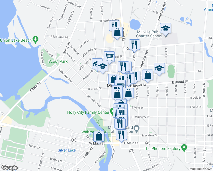 map of restaurants, bars, coffee shops, grocery stores, and more near 2 West Broad Street in Bridgeton