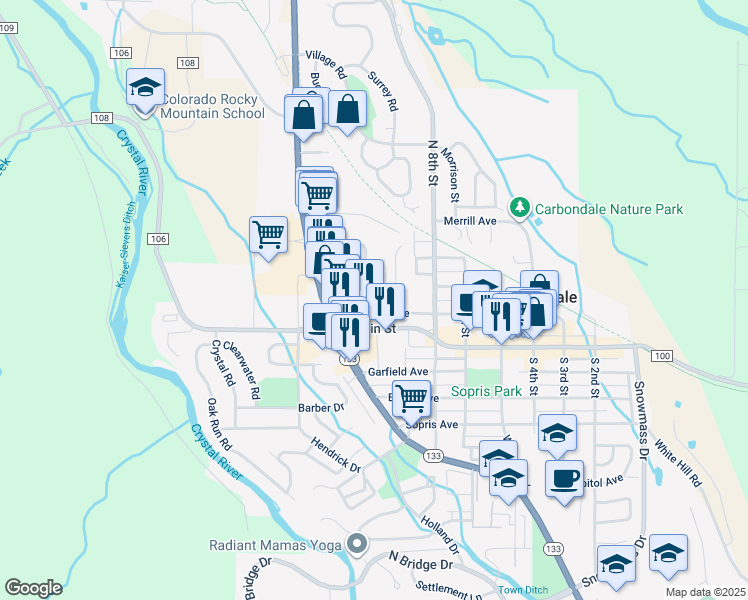 map of restaurants, bars, coffee shops, grocery stores, and more near 181 12th Street in Carbondale