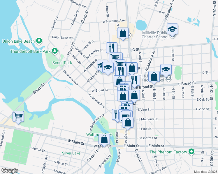 map of restaurants, bars, coffee shops, grocery stores, and more near 2 West Broad Street in Bridgeton