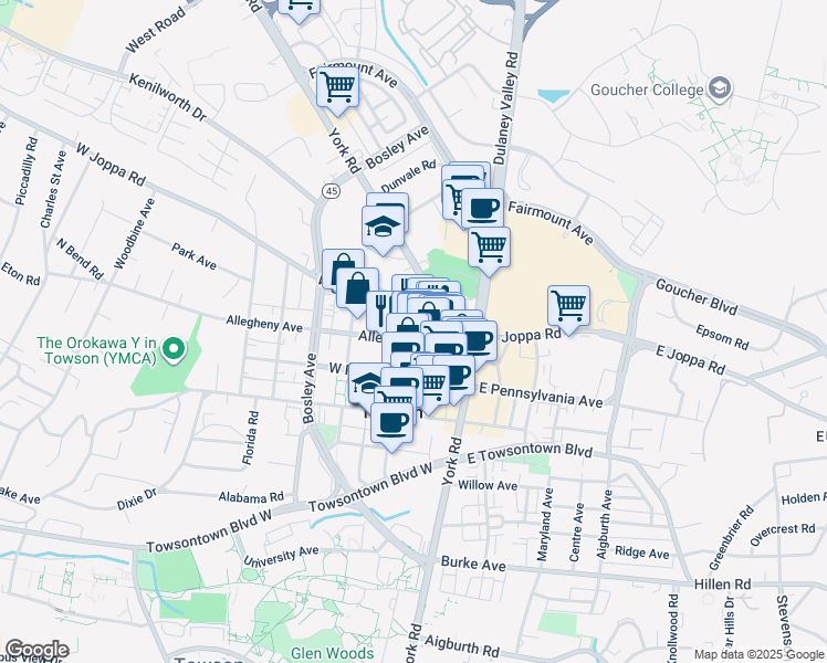 map of restaurants, bars, coffee shops, grocery stores, and more near 28 Allegheny Avenue in Baltimore