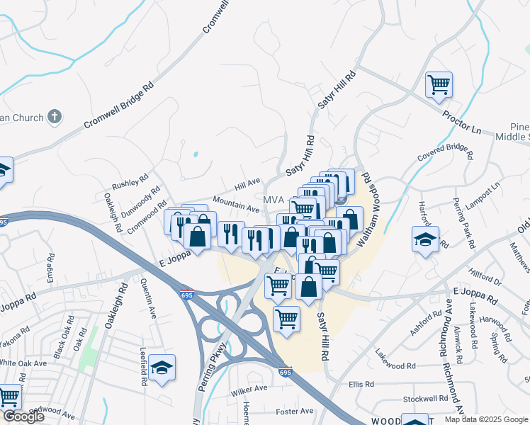 map of restaurants, bars, coffee shops, grocery stores, and more near 8838 Satyr Hill Road in Parkville