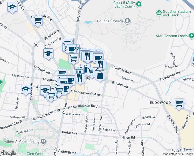 map of restaurants, bars, coffee shops, grocery stores, and more near 2 East Joppa Road in Towson