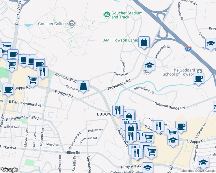 map of restaurants, bars, coffee shops, grocery stores, and more near 706 Providence Road in Towson