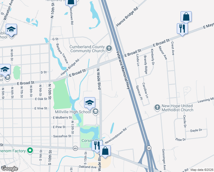 map of restaurants, bars, coffee shops, grocery stores, and more near 1701 East Broad Street in Millville