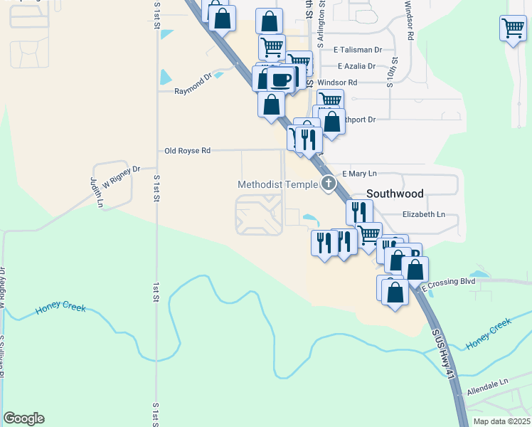 map of restaurants, bars, coffee shops, grocery stores, and more near 1101 Shady Oak Court in Terre Haute