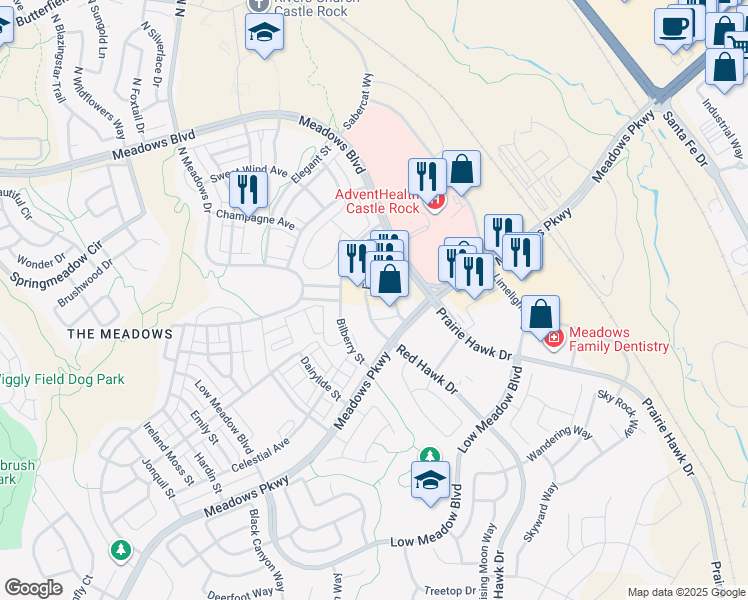 map of restaurants, bars, coffee shops, grocery stores, and more near 2290 Mercantile Street in Castle Rock