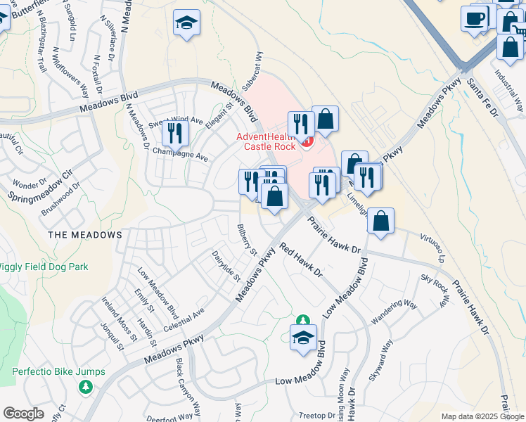 map of restaurants, bars, coffee shops, grocery stores, and more near 2240 Mercantile Street in Castle Rock