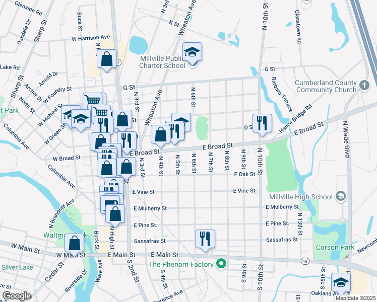 map of restaurants, bars, coffee shops, grocery stores, and more near 526 North 6th Street in Millville