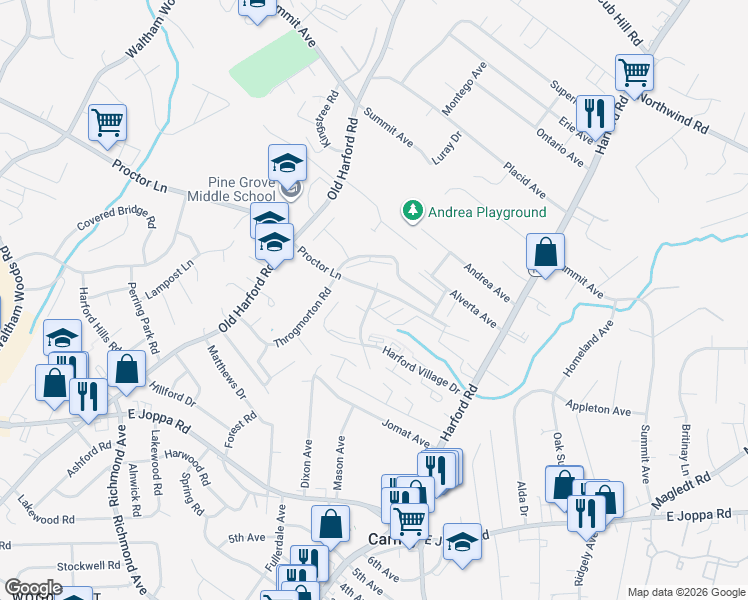map of restaurants, bars, coffee shops, grocery stores, and more near 9150 Parkland Road in Parkville