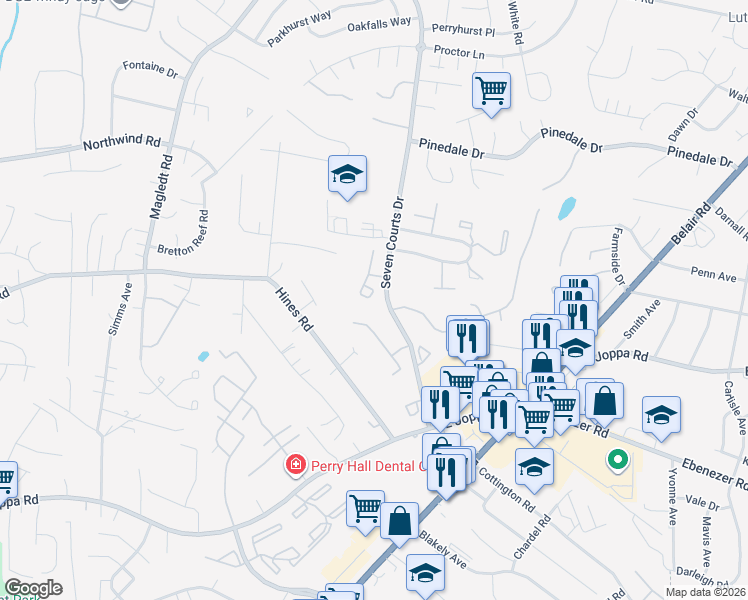 map of restaurants, bars, coffee shops, grocery stores, and more near 21 Hapsburg Court in Parkville