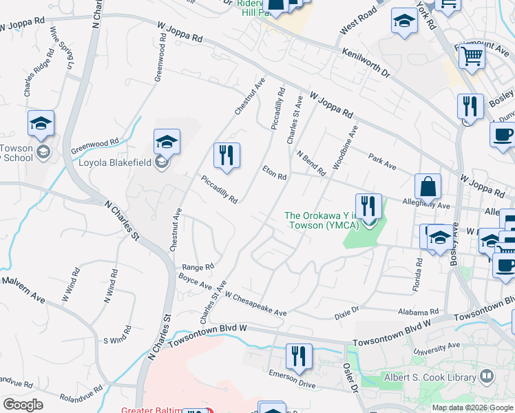 map of restaurants, bars, coffee shops, grocery stores, and more near 508 Charles Street Avenue in Towson