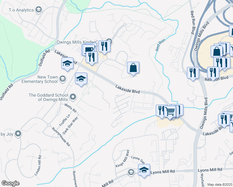 map of restaurants, bars, coffee shops, grocery stores, and more near 4600 Cascade Mills Drive in Owings Mills