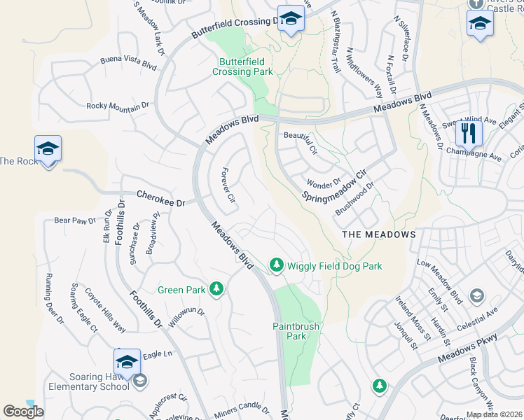 map of restaurants, bars, coffee shops, grocery stores, and more near 4037 Sandia Trail in Castle Rock