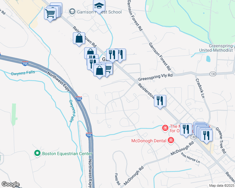 map of restaurants, bars, coffee shops, grocery stores, and more near 7 Coach House Drive in Owings Mills