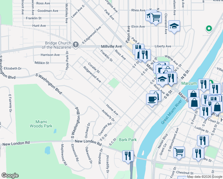 map of restaurants, bars, coffee shops, grocery stores, and more near 501 Ridgewood Avenue in Hamilton
