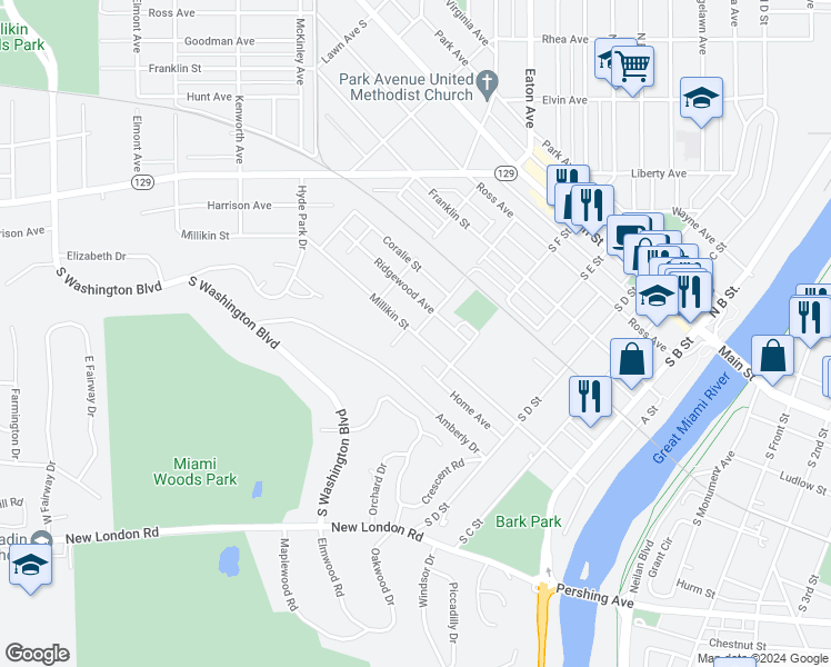 map of restaurants, bars, coffee shops, grocery stores, and more near 734 G Street [Ob] (~12 segments) in Hamilton