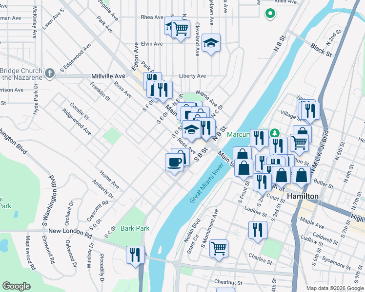 map of restaurants, bars, coffee shops, grocery stores, and more near 203 Ross Avenue in Hamilton