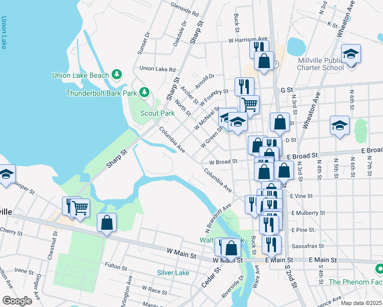 map of restaurants, bars, coffee shops, grocery stores, and more near 803 Columbia Avenue in Millville