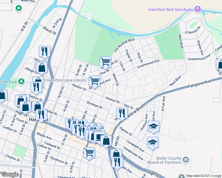 map of restaurants, bars, coffee shops, grocery stores, and more near 447 Bingham Street in Hamilton