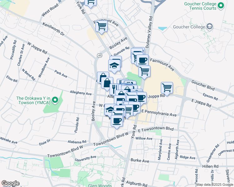 map of restaurants, bars, coffee shops, grocery stores, and more near 24 Allegheny Avenue in Towson