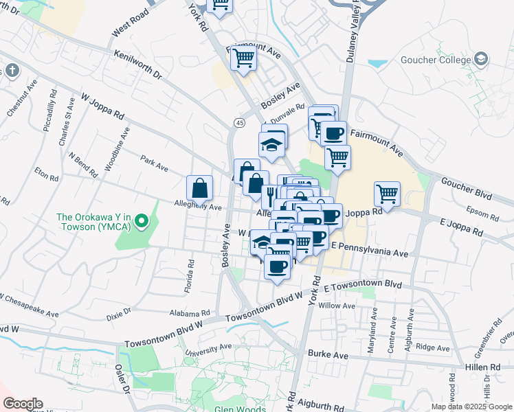 map of restaurants, bars, coffee shops, grocery stores, and more near 122 Allegheny Avenue in Baltimore