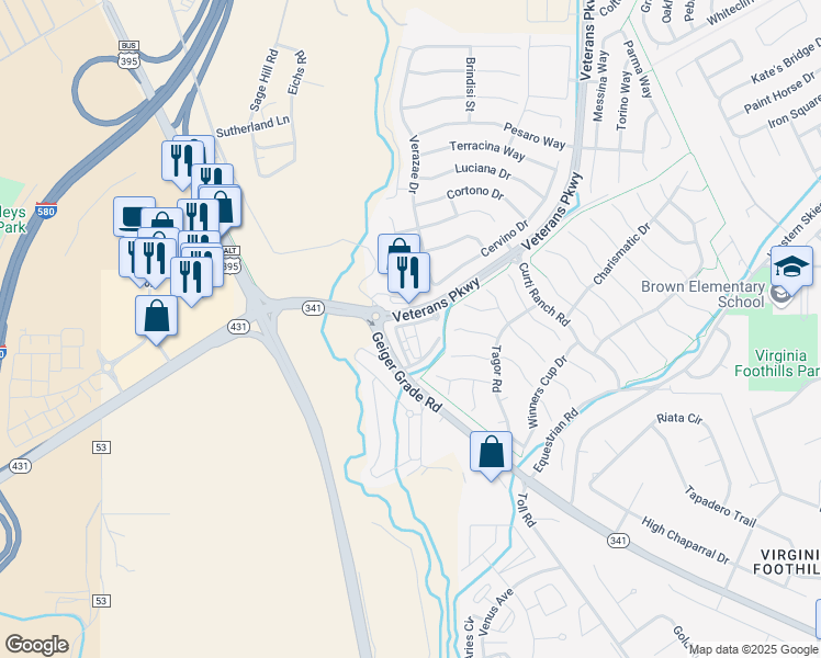 map of restaurants, bars, coffee shops, grocery stores, and more near 11800 Veterans Parkway in Reno