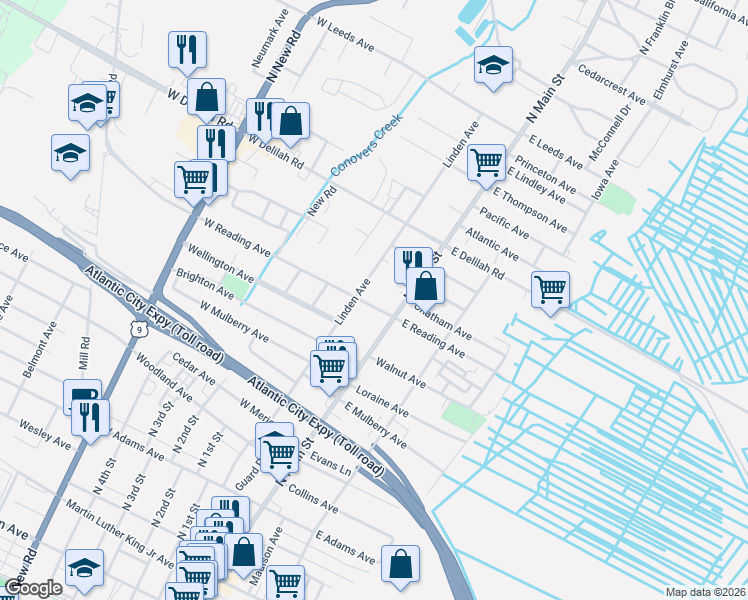 map of restaurants, bars, coffee shops, grocery stores, and more near 801 North Main Street in Pleasantville