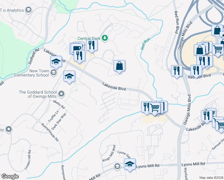 map of restaurants, bars, coffee shops, grocery stores, and more near 3 Upper Mill Drive in Owings Mills