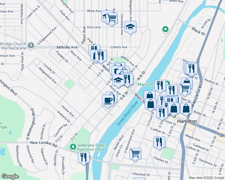 map of restaurants, bars, coffee shops, grocery stores, and more near 125 South C Street in Hamilton