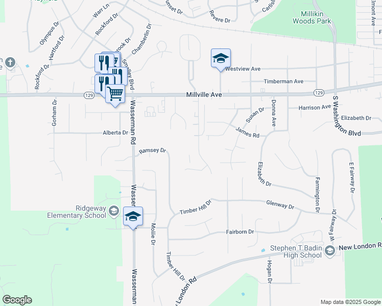 map of restaurants, bars, coffee shops, grocery stores, and more near 151 Timber Hill Drive in Hamilton