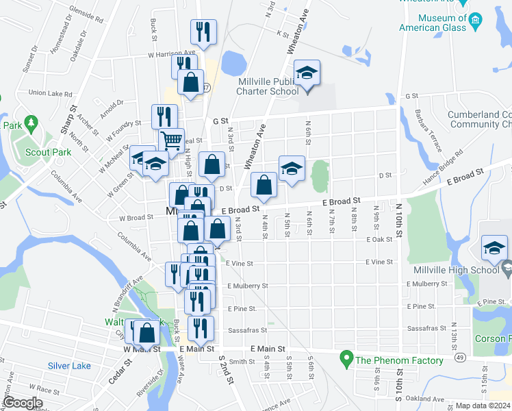 map of restaurants, bars, coffee shops, grocery stores, and more near 326 East Broad Street in Millville