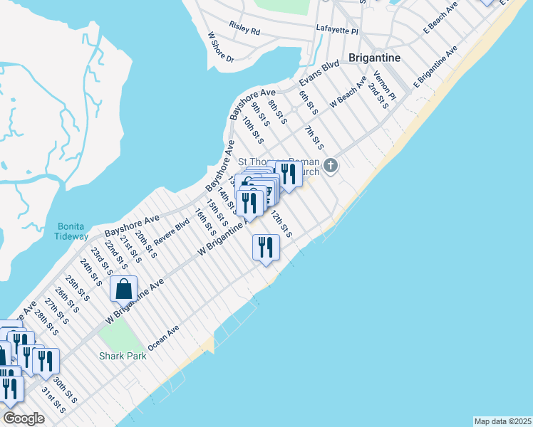 map of restaurants, bars, coffee shops, grocery stores, and more near 1206 West Brigantine Avenue in Brigantine