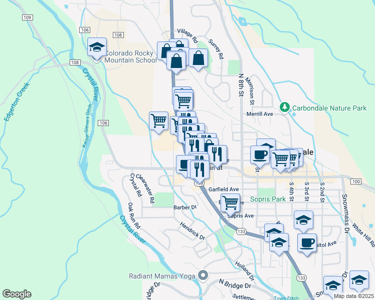map of restaurants, bars, coffee shops, grocery stores, and more near 920 Colorado 133 in Carbondale
