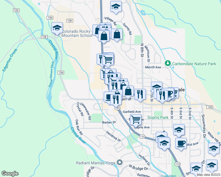 map of restaurants, bars, coffee shops, grocery stores, and more near 920 Colorado 133 in Carbondale
