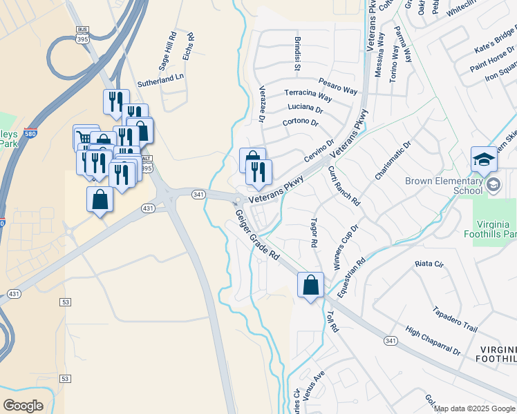 map of restaurants, bars, coffee shops, grocery stores, and more near 11800 Veterans Parkway in Reno