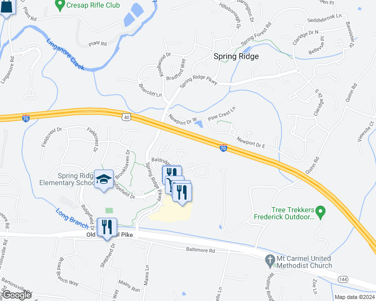 map of restaurants, bars, coffee shops, grocery stores, and more near 6135 Baldridge Circle in Frederick